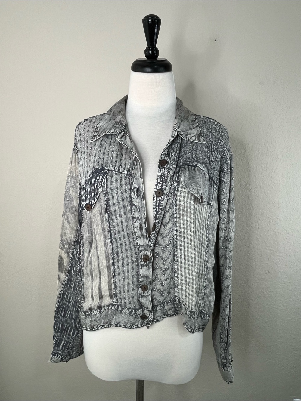 Sacred Threads Patchwork Gray Button-Front Jean Jacket